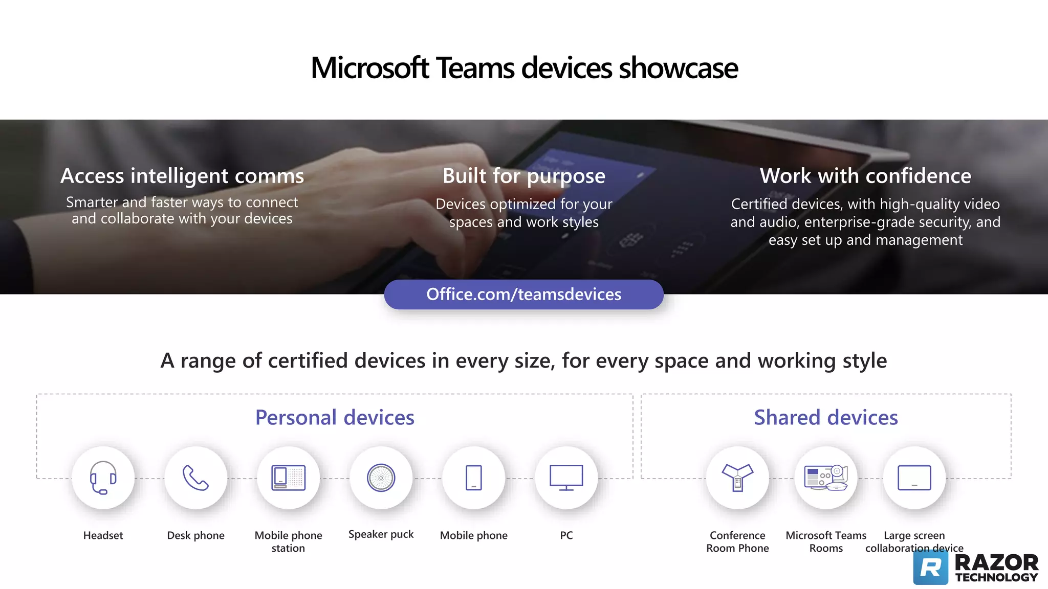 Work with confidence
Certified devices, with high-quality video
and audio, enterprise-grade security, and
easy set up and management
Access intelligent comms
Smarter and faster ways to connect
and collaborate with your devices
Built for purpose
Devices optimized for your
spaces and work styles
A range of certified devices in every size, for every space and working style
Personal devices Shared devices
Large screen
collaboration device
Microsoft Teams
Rooms
Conference
Room Phone
Headset Desk phone Mobile phone
station
Speaker puck Mobile phone PC
Microsoft Teams devices showcase
 