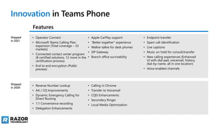 Innovation in Teams Phone
Features
Shipped
in 2021
• Reverse Number Lookup
• AA / CQ Improvements
• Dynamic Emergency Calling for
Direct Routing
• 1:1 Convenience recording
• Delegation Enhancements
• Calling in Chrome
• Transfer to Voicemail
• CQD Enhancements
• Secondary Ringer
• Local Media Optimization
Shipped
in 2020
• Operator Connect
• Microsoft Teams Calling Plan
expansion (Total coverage – 33
markets)
• Connected contact center program
(8 certified solutions, 12 more in the
certification process)
• End to end encryption (Public
preview)
• Apple CarPlay support
• “Better together” experience
• Walkie-talkie for desk phones
• SIP Gateway
• Branch office survivability
• Endpoint transfer
• Spam call identification
• Live captions
• Music on hold for consult/transfer
• New calling experiences (Enhanced
UI with dial pad, voicemail, history,
dial-by-name, all in one location)
• Voice enabled channels
 