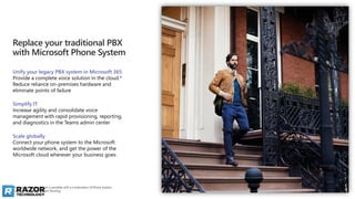*A complete voice solution is possible with a combination of Phone System,
Calling Plans, and/or Direct Routing
Replace your traditional PBX
with Microsoft Phone System
Unify your legacy PBX system in Microsoft 365
Provide a complete voice solution in the cloud.*
Reduce reliance on-premises hardware and
eliminate points of failure
Simplify IT
Increase agility and consolidate voice
management with rapid provisioning, reporting,
and diagnostics in the Teams admin center
Scale globally
Connect your phone system to the Microsoft
worldwide network, and get the power of the
Microsoft cloud wherever your business goes
 