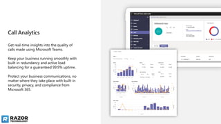 Call Analytics
Get real-time insights into the quality of
calls made using Microsoft Teams.
Keep your business running smoothly with
built-in redundancy and active load
balancing for a guaranteed 99.9% uptime.
Protect your business communications, no
matter where they take place with built-in
security, privacy, and compliance from
Microsoft 365.
 
