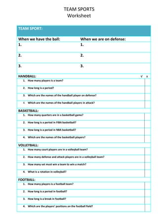 TEAM SPORTS
                                       Worksheet

TEAM SPORT:

When we have the ball:                              When we are on defense:
1.                                                  1.

2.                                                  2.

3.                                                  3.

HANDBALL:                                                                     √   x
     1. How many players is a team?

     2. How long is a period?

     3. Which are the names of the handball player on defense?

     4. Which are the names of the handball players in attack?

BASKETBALL:
     1. How many quarters are in a basketball game?

     2. How long is a period in FIBA basketball?

     3. How long is a period in NBA basketball?

     4. Which are the names of the basketball players?

VOLLEYBALL:
     1. How many court players are in a volleyball team?

     2. How many defense and attack players are in a volleyball team?

     3. How many set must win a team to win a match?

     4. What is a rotation in volleyball?

FOOTBALL:
     1. How many players is a football team?

     2. How long is a period in football?

     3. How long is a break in football?

     4. Which are the players’ positions on the football field?
 
