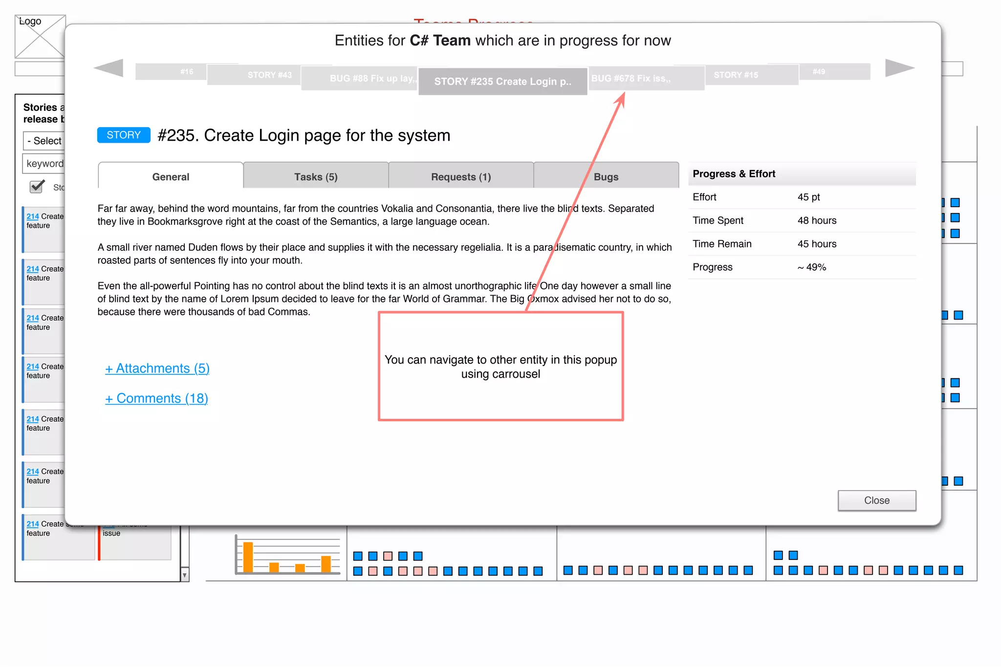 Logo
All projects for all teams
stories and bugs in current sprints of .NET Refactoring and IDE products. Change this scope
Teams Progress
Navigation Panel
Stories and bugs in current
release backlog
- Select Project
keyword...
Stories Bugs
214 Create some
feature
145 Fix some
issue
214 Create some
feature
145 Fix some
issue
214 Create some
feature
214 Create some
feature
145 Fix some
issue
214 Create some
feature
145 Fix some
issue
214 Create some
feature
145 Fix some
issue
214 Create some
feature
145 Fix some
issue
214 Create some
feature
ToDo In Progress Done
C# Team
VB.NET Team
Core Team
Integration Team
Refactoring Team
Need more details?
Entities for C# Team which are in progress for now
#49STORY #15BUG #678 Fix iss,,
#16 STORY #43 BUG #88 Fix up lay,,, STORY #235 Create Login p..
#235. Create Login page for the systemSTORY
BugsRequests (1)Tasks (5)General
Far far away, behind the word mountains, far from the countries Vokalia and Consonantia, there live the blind texts. Separated
they live in Bookmarksgrove right at the coast of the Semantics, a large language ocean.
A small river named Duden ﬂows by their place and supplies it with the necessary regelialia. It is a paradisematic country, in which
roasted parts of sentences ﬂy into your mouth.
Even the all-powerful Pointing has no control about the blind texts it is an almost unorthographic life One day however a small line
of blind text by the name of Lorem Ipsum decided to leave for the far World of Grammar. The Big Oxmox advised her not to do so,
because there were thousands of bad Commas.
Close
Time Remain
Effort
48 hoursTime Spent
Progress & Effort
45 hours
45 pt
Progress ~ 49%
+ Attachments (5)
+ Comments (18)
You can navigate to other entity in this popup
using carrousel
 