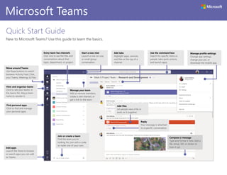 Quick Start Guide
New to Microsoft Teams? Use this guide to learn the basics.
Microsoft Teams
Manage your team
Add or remove members,
create a new channel, or
get a link to the team.
Add files
Let people view a file or
work on it together.
Compose a message
Type and format it here. Add a
file, emoji, GIF, or sticker to
liven it up!
Reply
Your message is attached
to a specific conversation.
Manage profile settings
Change app settings,
change your pic, or
download the mobile app.
Use the command box
Search for specific items or
people, take quick actions,
and launch apps.
Start a new chat
Launch a one-on-one
or small group
conversation.
View and organize teams
Click to see your teams. In
the teams list, drag a team
name to reorder it.
Add tabs
Highlight apps, services,
and files at the top of a
channel.
Every team has channels
Click one to see the files and
conversations about that
topic, department, or project.
Move around Teams
Use these buttons to switch
between Activity Feed, Chat,
your Teams, Meetings & Files.
Join or create a team
Find the team you’re
looking for, join with a code,
or make one of your own.
Find personal apps
Click to find and manage
your personal apps.
Add apps
Launch the Store to browse
or search apps you can add
to Teams.
 