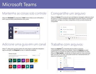 Trabalhe com arquivos
Clique em arquivos à esquerda para ver todos os arquivos
compartilhados em todas as suas equipes. Clique em Arquivos na parte
superior de um canal para ver todos os arquivos compartilhados no canal.
Clique em Mais opções... ao lado de um arquivo para ver o que você pode
fazer com ele. Em um canal, você pode transformar instantaneamente um
arquivo em uma guia no topo!
Adicione uma guia em um canal
Clique pelas guias na parte superior do canal, clique no aplicativo desejado e
siga as instruções. Use Pesquisar se não vir o aplicativo desejado.
PowerPoint 2016
Microsoft Teams
Mantenha as coisas sob controle
Clique em Atividade à esquerda. O feed mostra todas as suas notificações e
tudo o que aconteceu ultimamente em seus canais.
Compartilhe um arquivo
Clique em Anexar na caixa em que você digita as mensagens, selecione o local
do arquivo e o arquivo desejado. Dependendo do local do arquivo, você obterá
opções para carregar uma cópia, compartilhar um link ou outras maneiras de
compartilhar.
 