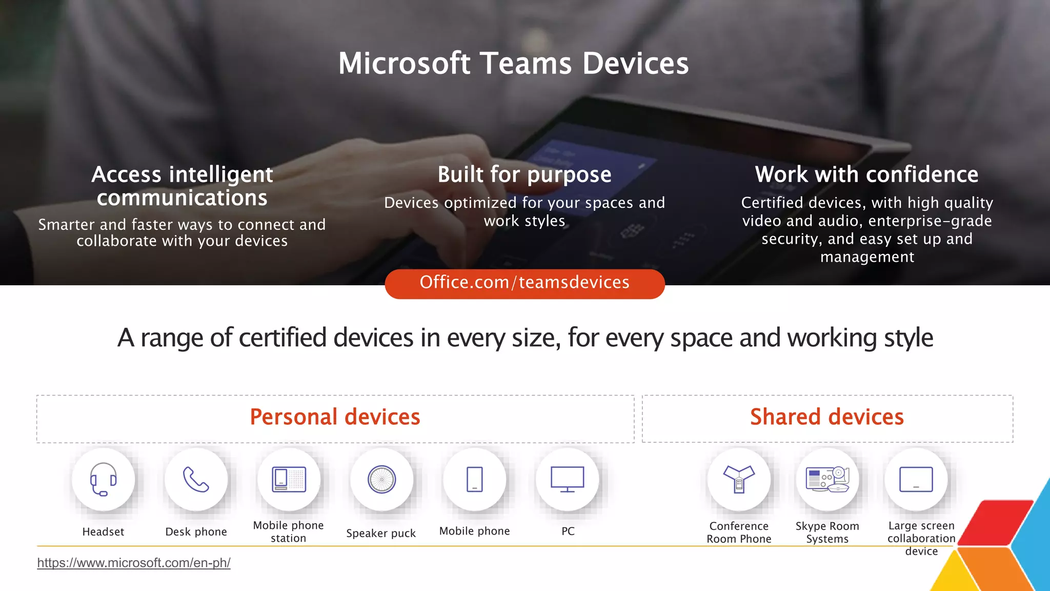 Microsoft Teams Devices
A range of certified devices in every size, for every space and working style
Work with confidence
Certified devices, with high quality
video and audio, enterprise-grade
security, and easy set up and
management
Access intelligent
communications
Smarter and faster ways to connect and
collaborate with your devices
Built for purpose
Devices optimized for your spaces and
work styles
Personal devices Shared devices
Large screen
collaboration
device
Skype Room
Systems
Conference
Room Phone
Headset Desk phone
Mobile phone
station Speaker puck Mobile phone PC
https://www.microsoft.com/en-ph/
 