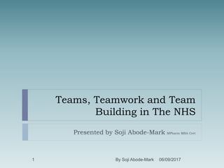 Teams, Teamwork and Team
Building in The NHS
Presented by Soji Abode-Mark MPharm MBA Cert
06/09/2017By Soji Abode-Mark1
 