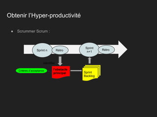 Obtenir l’Hyper-productivité
● Scrummer Scrum :
Sprint n Rétro
Sprint
n+1
Rétro
Sprint
Backlog
l’obstacle
principal
Critères d’acceptance
identifier
 