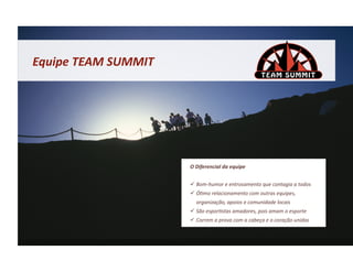 Equipe	
  TEAM	
  SUMMIT	
  




                               O	
  Diferencial	
  da	
  equipe	
  


                                 Bom-­‐humor	
  e	
  entrosamento	
  que	
  contagia	
  a	
  todos	
  
                                 Ó&mo	
  relacionamento	
  com	
  outras	
  equipes,	
  
                                   organização,	
  apoios	
  e	
  comunidade	
  locais	
  
                                 São	
  espor&stas	
  amadores,	
  pois	
  amam	
  o	
  esporte	
  
                                 Correm	
  a	
  prova	
  com	
  a	
  cabeça	
  e	
  o	
  coração	
  unidos	
  
 