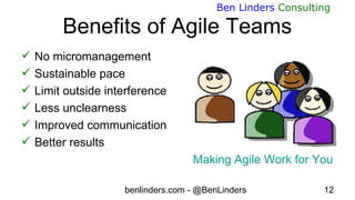 benlinders.com - @BenLinders 12
Ben Linders Consulting
Benefits of Agile Teams
 No micromanagement
 Sustainable pace
 L...