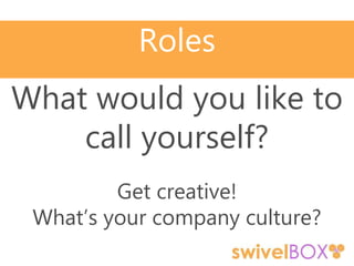 Roles
What would you like to
call yourself?
Get creative!
What’s your company culture?
 