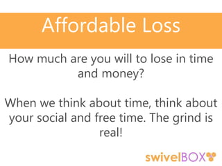 Affordable Loss
How much are you will to lose in time
and money?
When we think about time, think about
your social and free time. The grind is
real!
 