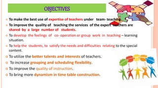 OBJECTIVES
 To make the best use of expertise of teachers under team- teaching.
 To improve the quality of teaching the services of the expert teachers are
shared by a large number of students.
 To develop the feelings of co- operation or group work in teaching – learning
situation.
 To help the students, to satisfy the needs and difficulties relating to the special
content.
 To utilize the better talents and interests of teachers.
 To increase grouping and scheduling flexibility.
 To improve the quality of instruction.
 To bring more dynamism in time table construction.
 