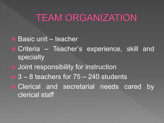  Basic unit – teacher
 Criteria – Teacher’s experience, skill and
specialty
 Joint responsibility for instruction
 3 – 8 teachers for 75 – 240 students
 Clerical and secretarial needs cared by
clerical staff
 
