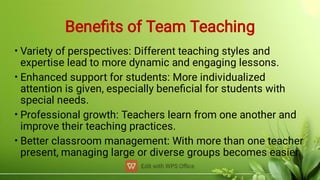 Beneﬁts of Team Teaching
•
•
•
•
Variety of perspectives: Different teaching styles and
expertise lead to more dynamic and engaging lessons.
Enhanced support for students: More individualized
attention is given, especially beneﬁcial for students with
special needs.
Professional growth: Teachers learn from one another and
improve their teaching practices.
Better classroom management: With more than one teacher
present, managing large or diverse groups becomes easier.
 