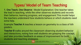 Types/ Model of Team Teaching
1. One Teach, One Observe - Model Explanation: One teacher takes
the lead in teaching, while the other observes students and records
their behavior, learning progress, and engagement.This model helps
the teachers understand how students behave or which students need
extra help.
Example:Teacher A teaches a lesson on geometry to a class of 6th
graders.
Teacher B walks around the classroom observing student behavior
and interactions, noting how well students are grasping the concept,
and later provides feedback on areas of improvement for both
students and teaching strategies.
 
