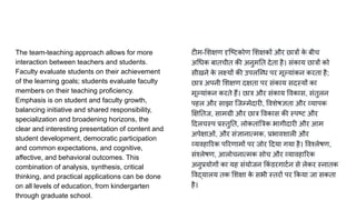 The team-teaching approach allows for more
interaction between teachers and students.
Faculty evaluate students on their achievement
of the learning goals; students evaluate faculty
members on their teaching proficiency.
Emphasis is on student and faculty growth,
balancing initiative and shared responsibility,
specialization and broadening horizons, the
clear and interesting presentation of content and
student development, democratic participation
and common expectations, and cognitive,
affective, and behavioral outcomes. This
combination of analysis, synthesis, critical
thinking, and practical applications can be done
on all levels of education, from kindergarten
through graduate school.
टीम- शक्षण दृिष्टकोण शक्षकों और छात्रों क
े बीच
अ धक बातचीत की अनुम त देता है। संकाय छात्रों को
सीखने क
े लक्ष्यों की उपलि ध पर मूल्यांकन करता है;
छात्र अपनी शक्षण दक्षता पर संकाय सदस्यों का
मूल्यांकन करते हैं। छात्र और संकाय वकास, संतुलन
पहल और साझा िजम्मेदारी, वशेषज्ञता और व्यापक
क्ष तज, सामग्री और छात्र वकास की स्पष्ट और
दलचस्प प्रस्तु त, लोकतां त्रक भागीदारी और आम
अपेक्षाओं, और संज्ञानात्मक, प्रभावशाली और
व्यवहा रक प रणामों पर जोर दया गया है। वश्लेषण,
संश्लेषण, आलोचनात्मक सोच और व्यावहा रक
अनुप्रयोगों का यह संयोजन कं डरगाटर्णन से लेकर स्नातक
वद्यालय तक शक्षा क
े सभी स्तरों पर कया जा सकता
है।
 