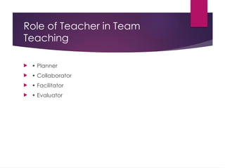 Role of Teacher in Team
Teaching
 • Planner
 • Collaborator
 • Facilitator
 • Evaluator
 