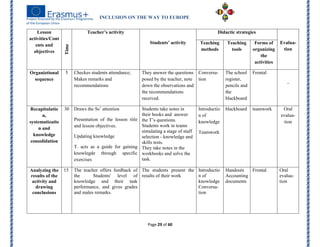 INCLUSION ON THE WAY TO EUROPE
Page 29 of 60
Lesson
activities/Cont
ents and
objectives
Time
Teacher’s activity
Students’ activity
Didactic strategies
Evalua-
tion
Teaching
methods
Teaching
tools
Forms of
organizing
the
activities
Organiztional
sequence
5 Checkes students attendance;
Makes remarks and
recommendations
They answer the questions
posed by the teacher, note
down the observations and
the recommendations
received.
Conversa-
tion
The school
register,
pencils and
the
blackboard
Frontal
-
Recapitulatio
n,
systematizatio
n and
knowledge
consolidation
30 Draws the Ss’ attention
Presentation of the lesson title
and lesson objectives.
Updating knowledge
T. acts as a guide for gaining
knowlegde through specific
exercises
Students take notes in
their books and answer
the T’s questions.
Students work in teams
simulating a stage of staff
selection - knowledge and
skills tests.
They take notes in the
workbooks and solve the
task.
Introductio
n of
knowledge
Teamwork
blackboard teamwork Oral
evalua-
tion
Analyzing the
results of the
activity and
drawing
conclusions
15 The teacher offers feedback of
the Students' level of
knowledge and their task
performance, and gives grades
and males remarks.
The students present the
results of their work
Introductio
n of
knowledge
Conversa-
tion
Handouts
Accounting
documents
Frontal Oral
evalua-
tion
 