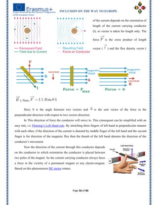 INCLUSION ON THE WAY TO EUROPE
Page 56 of 60
of the current depends on the orientation of
length of the current carrying conductor
(l), so vector is taken for length only. The
force is the cross product of length
vector ( ) and the flux density vector (
). Now,
Here, θ is the angle between two vectors and is the unit vector of the force in the
perpendicular direction with respect to two vectors direction.
In This direction of force the conductor will move to. This consequent can be simplified with an
easy rule, i.e. Fleming’s Left Hand rule. By stretching three fingers of left hand in perpendicular manner
with each other, if the direction of the current is denoted by middle finger of the left hand and the second
finger is for direction of the magnetic flux then the thumb of the left hand denotes the direction of the
conductor’s movement.
Now the direction of the current through this conductor depends
on the conductor in which orientation the conductor is placed between
two poles of the magnet. So the current carrying conductor always faces
a force in the vicinity of a permanent magnet or any electro-magnet.
Based on this phenomenon DC motor rotates.
 
