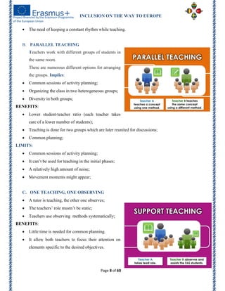 INCLUSION ON THE WAY TO EUROPE
Page 8 of 60
 The need of keeping a constant rhythm while teaching.
B. PARALLEL TEACHING
Teachers work with different groups of students in
the same room.
There are numerous different options for arranging
the groups. Implies:
 Common sessions of activity planning;
 Organizing the class in two heterogeneous groups;
 Diversity in both groups;
BENEFITS:
 Lower student-teacher ratio (each teacher takes
care of a lower number of students);
 Teaching is done for two groups which are later reunited for discussions;
 Common planning;
LIMITS:
 Common sessions of activity planning;
 It can’t be used for teaching in the initial phases;
 A relatively high amount of noise;
 Movement moments might appear;
C. ONE TEACHING, ONE OBSERVING
 A tutor is teaching, the other one observes;
 The teachers’ role mustn’t be static;
 Teachers use observing methods systematically;
BENEFITS:
 Little time is needed for common planning.
 It allow both teachers to focus their attention on
elements specific to the desired objectives.
 