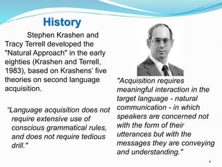 History
Stephen Krashen and
Tracy Terrell developed the
"Natural Approach" in the early
eighties (Krashen and Terrell,
1983), based on Krashens’ five
theories on second language
acquisition.
“Language acquisition does not
require extensive use of
conscious grammatical rules,
and does not require tedious
drill."
"Acquisition requires
meaningful interaction in the
target language - natural
communication - in which
speakers are concerned not
with the form of their
utterances but with the
messages they are conveying
and understanding."
4
 