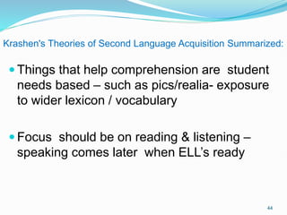 Krashen's Theories of Second Language Acquisition Summarized:
 Things that help comprehension are student
needs based – such as pics/realia- exposure
to wider lexicon / vocabulary
 Focus should be on reading & listening –
speaking comes later when ELL’s ready
44
 