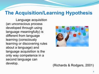 The Acquisition/Learning Hypothesis
Language acquisition
(an unconscious process
developed through using
language meaningfully) is
different from language
learning (consciously
learning or discovering rules
about a language) and
language acquisition is the
only way competence in a
second language can
develop.
(Richards & Rodgers, 2001)
6
 