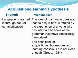 Acquisition/Learning Hypothesis
Strength Weaknesses
Language is learned
is through natural
communication.
The idea of ‘Language does not
lead to acquisition’ is refuted by
the experience of anyone who
has internalized some of the
grammar they have consciously
memorized.
The definitions of
acquisition/subconscious and
learning/conscious are not clear
enough (Gregg, 1984)
9
 