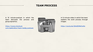 A 10 minute-podcast in which the
team discusses the process and
group dynamics.
https://www.mixcloud.
com/epletviktor/team-teddy-podcast/
A 1,5 minute-video in which the team
explains the work process through
images.
https://youtu.be/QhdZD9bCwNc
TEAM PROCESS
 