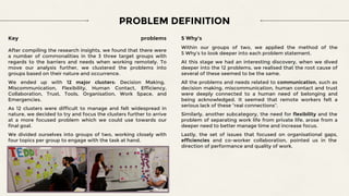 PROBLEM DEFINITION
Key problems
After compiling the research insights, we found that there were
a number of commonalities in the 3 three target groups with
regards to the barriers and needs when working remotely. To
move our analysis further, we clustered the problems into
groups based on their nature and occurrence.
We ended up with 12 major clusters: Decision Making,
Miscommunication, Flexibility, Human Contact, Efficiency,
Collaboration, Trust, Tools, Organisation, Work Space, and
Emergencies.
As 12 clusters were difficult to manage and felt widespread in
nature, we decided to try and focus the clusters further to arrive
at a more focused problem which we could use towards our
final goal.
We divided ourselves into groups of two, working closely with
four topics per group to engage with the task at hand.
5 Why’s
Within our groups of two, we applied the method of the
5 Why’s to look deeper into each problem statement.
At this stage we had an interesting discovery, when we dived
deeper into the 12 problems, we realised that the root cause of
several of these seemed to be the same.
All the problems and needs related to communication, such as
decision making, miscommunication, human contact and trust
were deeply connected to a human need of belonging and
being acknowledged. It seemed that remote workers felt a
serious lack of these “real connections”.
Similarly, another subcategory, the need for flexibility and the
problem of separating work life from private life, arose from a
deeper need to better manage time and increase focus.
Lastly, the set of issues that focused on organisational gaps,
efficiencies and co-worker collaboration, pointed us in the
direction of performance and quality of work.
 
