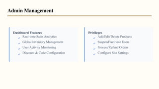 Dashboard Features Privileges
Real-time Sales Analytics
Global Inventory Management
User Activity Monitoring
Discount & Code Configuration
Add/Edit/Delete Products
Suspend/Activate Users
Process/Refund Orders
Configure Site Settings
Admin Management
 