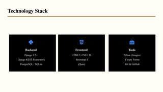 Backend
Django 3.2+
Django REST Framework
PostgreSQL / SQLite
Frontend
HTML5, CSS3, JS
Bootstrap 5
jQuery
Tools
Pillow (Images)
Crispy Forms
Git & GitHub
Technology Stack
 