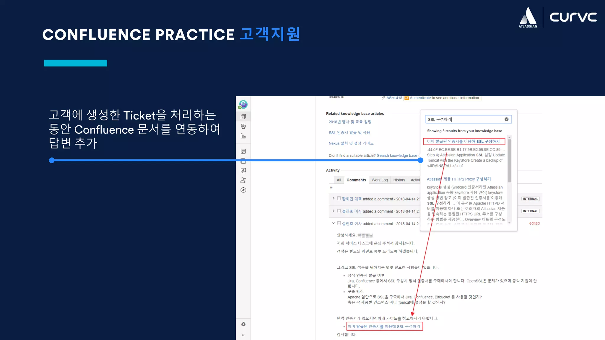 고객에 생성한 Ticket을 처리하는
동안 Confluence 문서를 연동하여
답변 추가
CONFLUENCE PRACTICE 고객지원
 