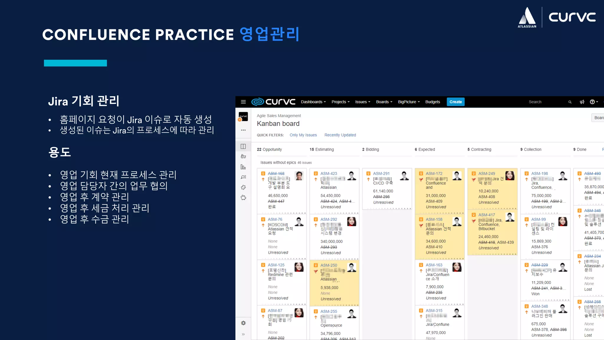 CONFLUENCE PRACTICE 영업관리
Jira 기회 관리
• 홈페이지 요청이 Jira 이슈로 자동 생성
• 생성된 이슈는 Jira의 프로세스에 따라 관리
용도
• 영업 기회 현재 프로세스 관리
• 영업 담당자 간의 업무 협의
• 영업 후 계약 관리
• 영업 후 세금 처리 관리
• 영업 후 수금 관리
 