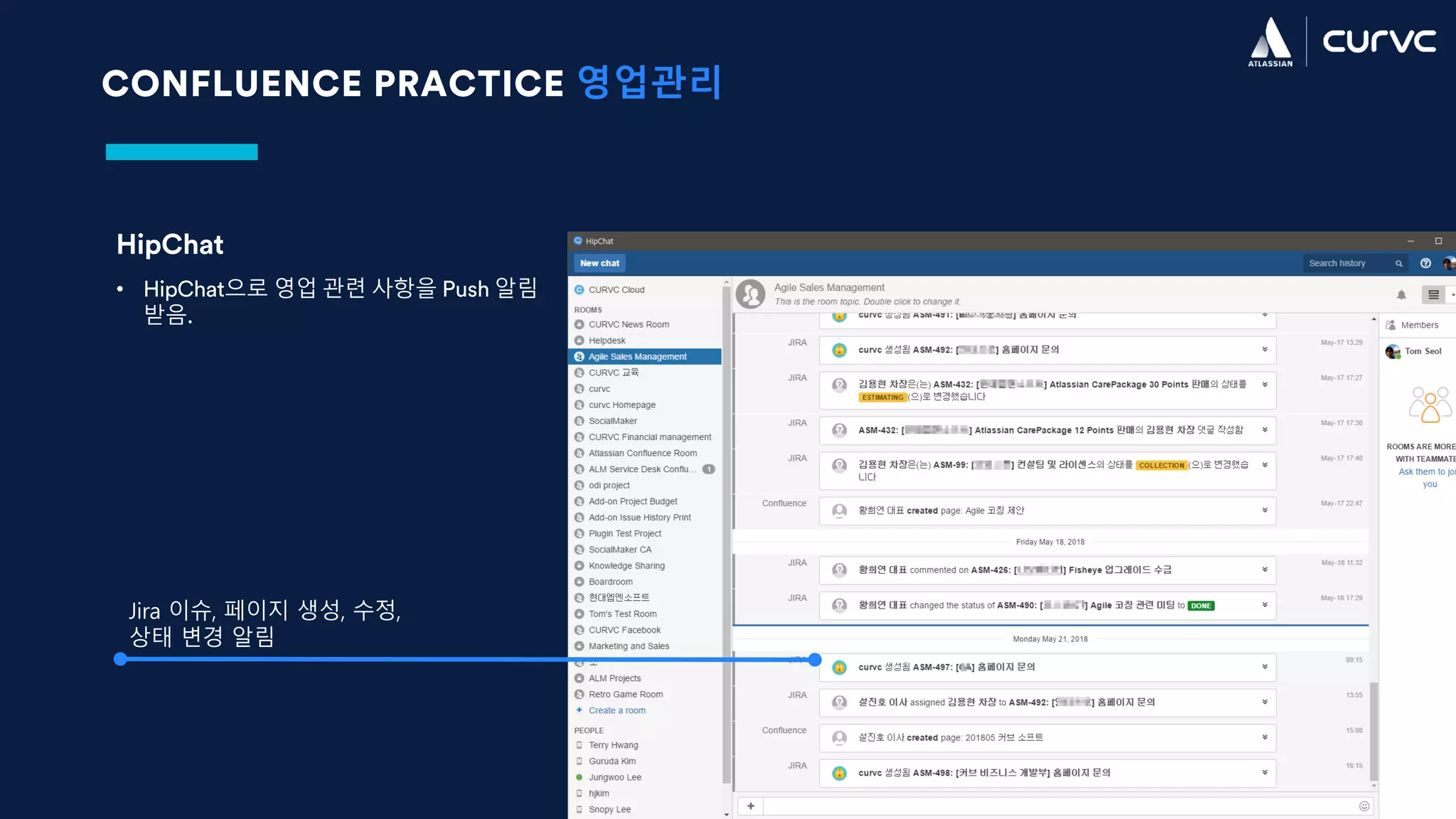 CONFLUENCE PRACTICE 영업관리
HipChat
• HipChat으로 영업 관련 사항을 Push 알림
받음.
Jira 이슈, 페이지 생성, 수정,
상태 변경 알림
 