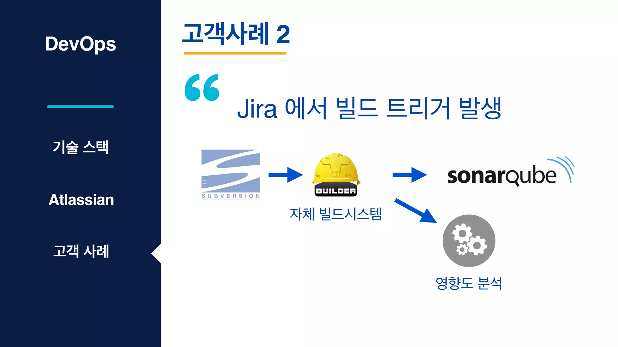 DevOps 고객사례 2
Jira 에서 빌드 트리거 발생
기술 스택
Atlassian
고객 사례
자체 빌드시스템
영향도 분석
 