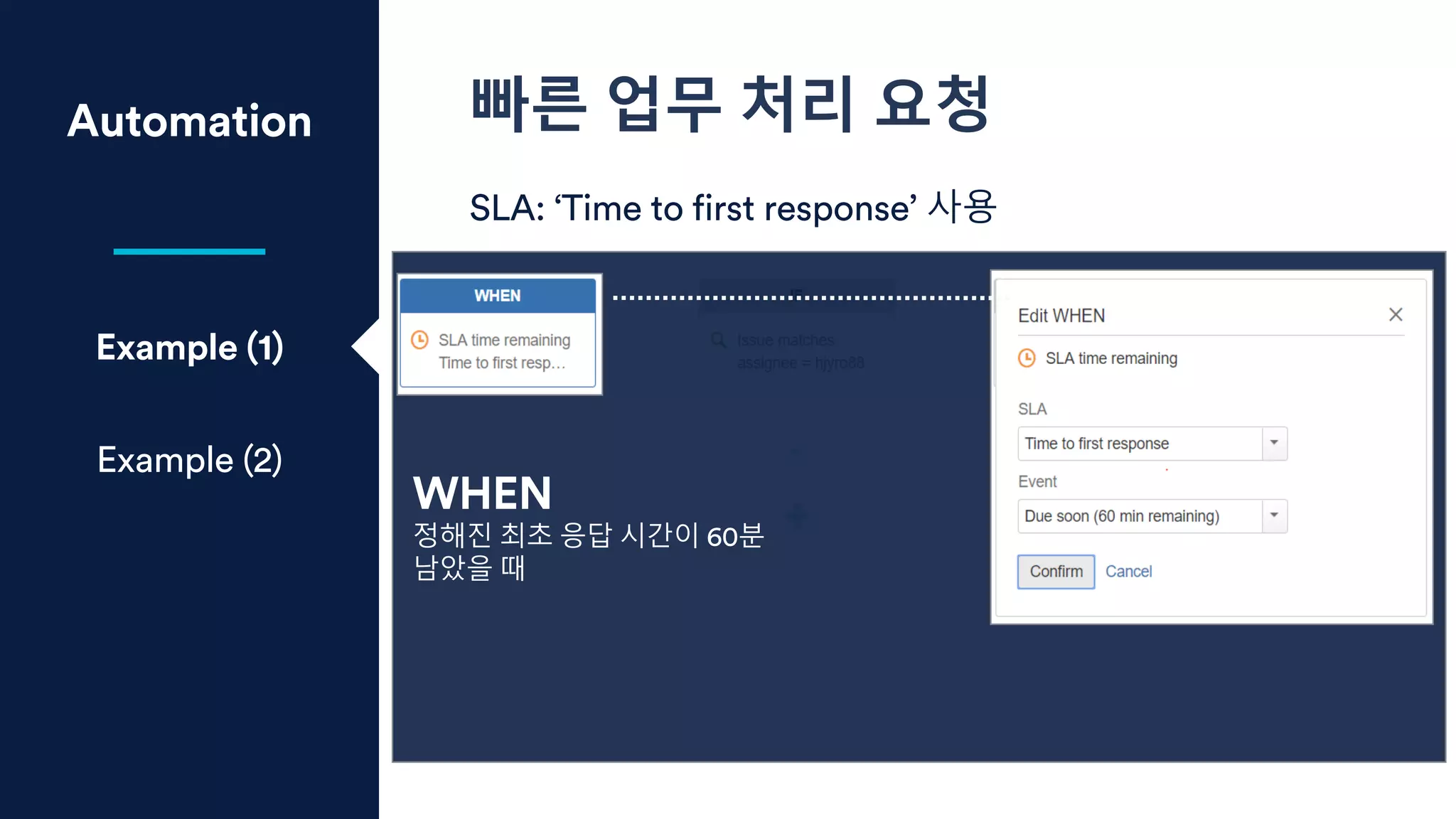 Automation 빠른 업무 처리 요청
SLA: ‘Time to first response’ 사용
Example (1)
Example (2)
WHEN
정해진 최초 응답 시간이 60분
남았을 때
 