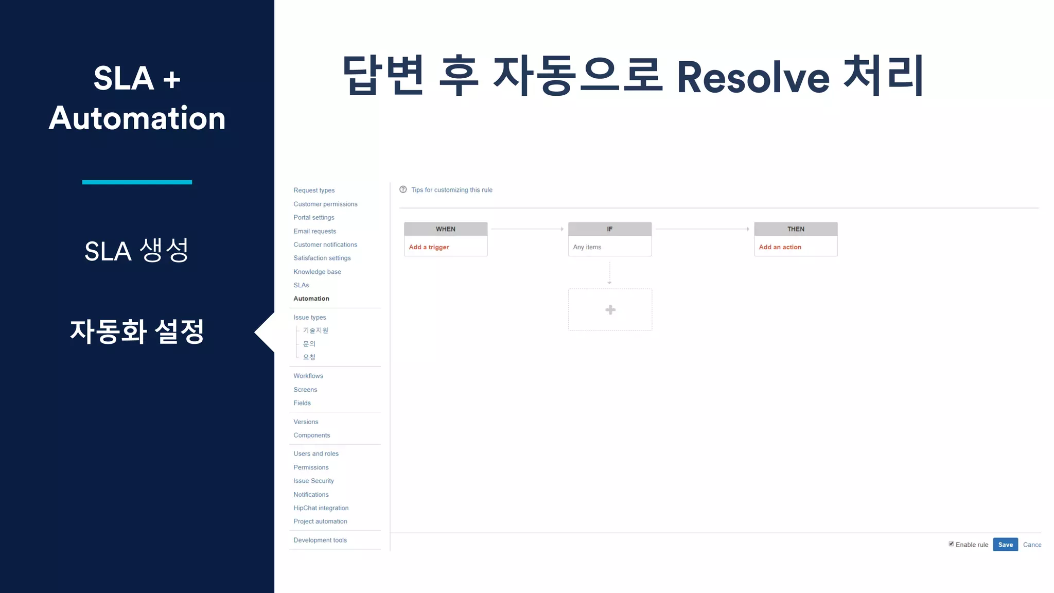 SLA +
Automation
답변 후 자동으로 Resolve 처리
SLA 생성
자동화 설정
THEN
해당 이슈의 Status를 Close로 변경함
 