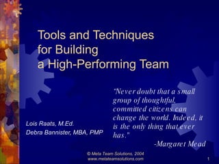 Tools and Techniques  for  Building  a   High-Performing Team ,[object Object],[object Object],©   Meta Team Solutions, 2004 www.metateamsolutions.com “ Never doubt that a small group of thoughtful, committed citizens can change the world. Indeed, it is the only thing that ever has.&quot;  -Margaret Mead 