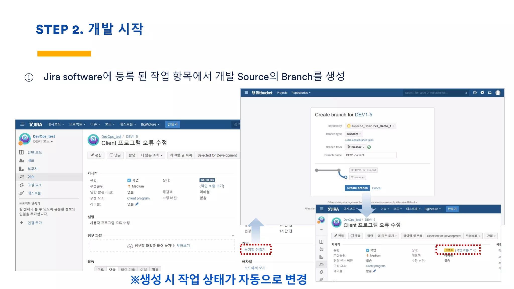 STEP 2. 개발 시작
① Jira software에 등록 된 작업 항목에서 개발 Source의 Branch를 생성
※생성 시 작업 상태가 자동으로 변경
 