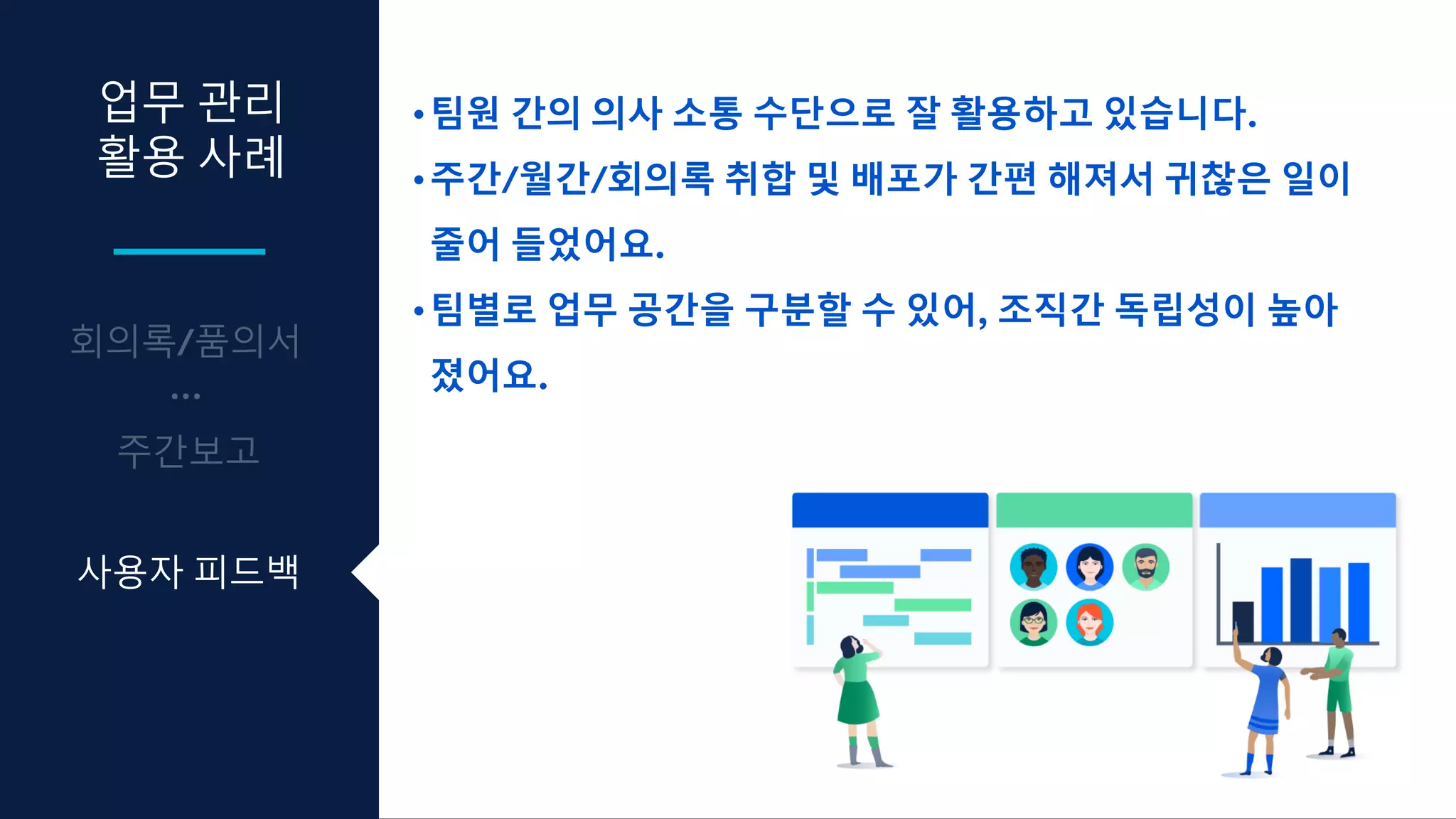 업무 관리
활용 사례
사용자 피드백
•팀원 간의 의사 소통 수단으로 잘 활용하고 있습니다.
•주간/월간/회의록 취합 및 배포가 간편 해져서 귀찮은 일이
줄어 들었어요.
•팀별로 업무 공간을 구분할 수 있어, 조직간 독립성이 높아
졌어요.
 