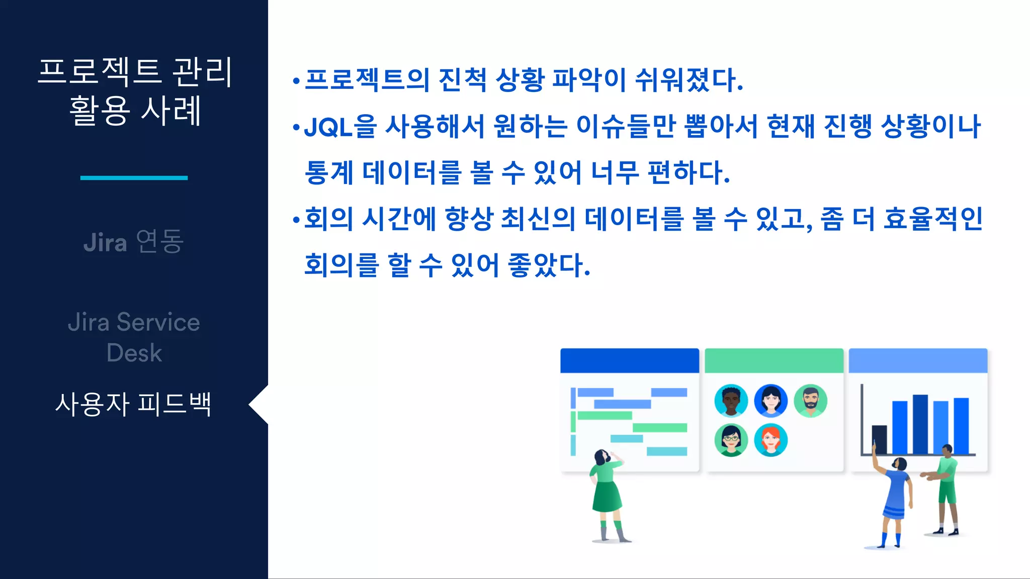 프로젝트 관리
활용 사례
사용자 피드백
•프로젝트의 진척 상황 파악이 쉬워졌다.
•JQL을 사용해서 원하는 이슈들만 뽑아서 현재 진행 상황이나
통계 데이터를 볼 수 있어 너무 편하다.
•회의 시간에 향상 최신의 데이터를 볼 수 있고, 좀 더 효율적인
회의를 할 수 있어 좋았다.
 