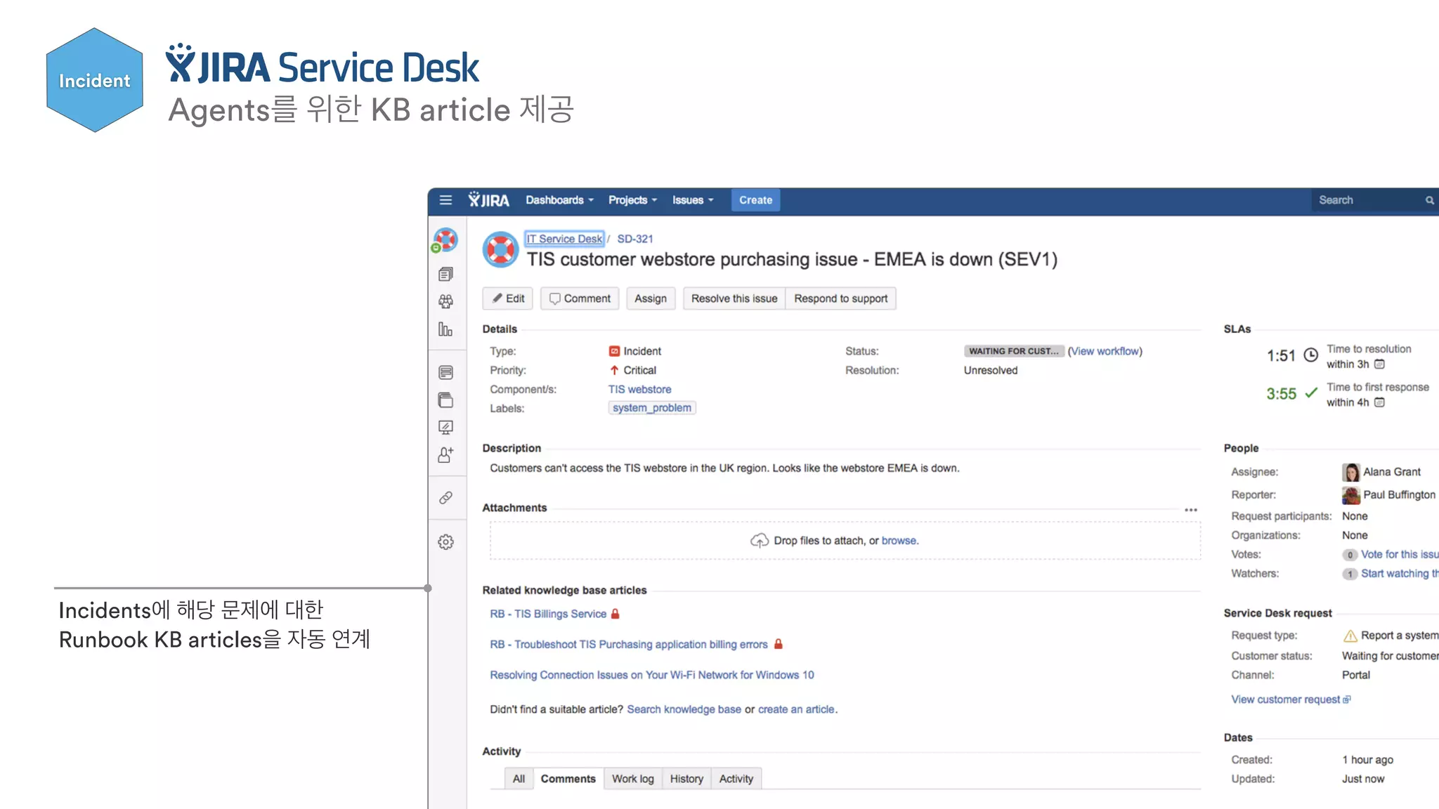 Incidents에 해당 문제에 대한
Runbook KB articles을 자동 연계
Agents를 위한 KB article 제공
Incident
 