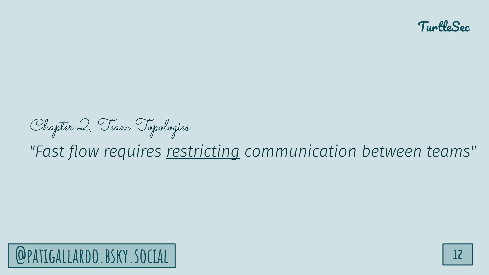 TurtleSec
12
@patigallardo.bsky.social
Chapter 2, Team Topologies
"Fast ﬂow requires restricting communication between teams"
 