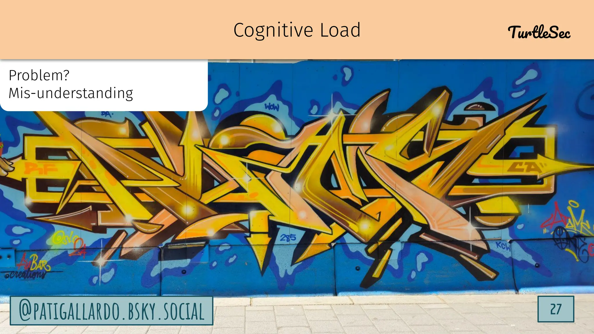 TurtleSec
27
@patigallardo.bsky.social 27
@patigallardo.bsky.social
Problem?
Mis-understanding
Cognitive Load TurtleSec
 