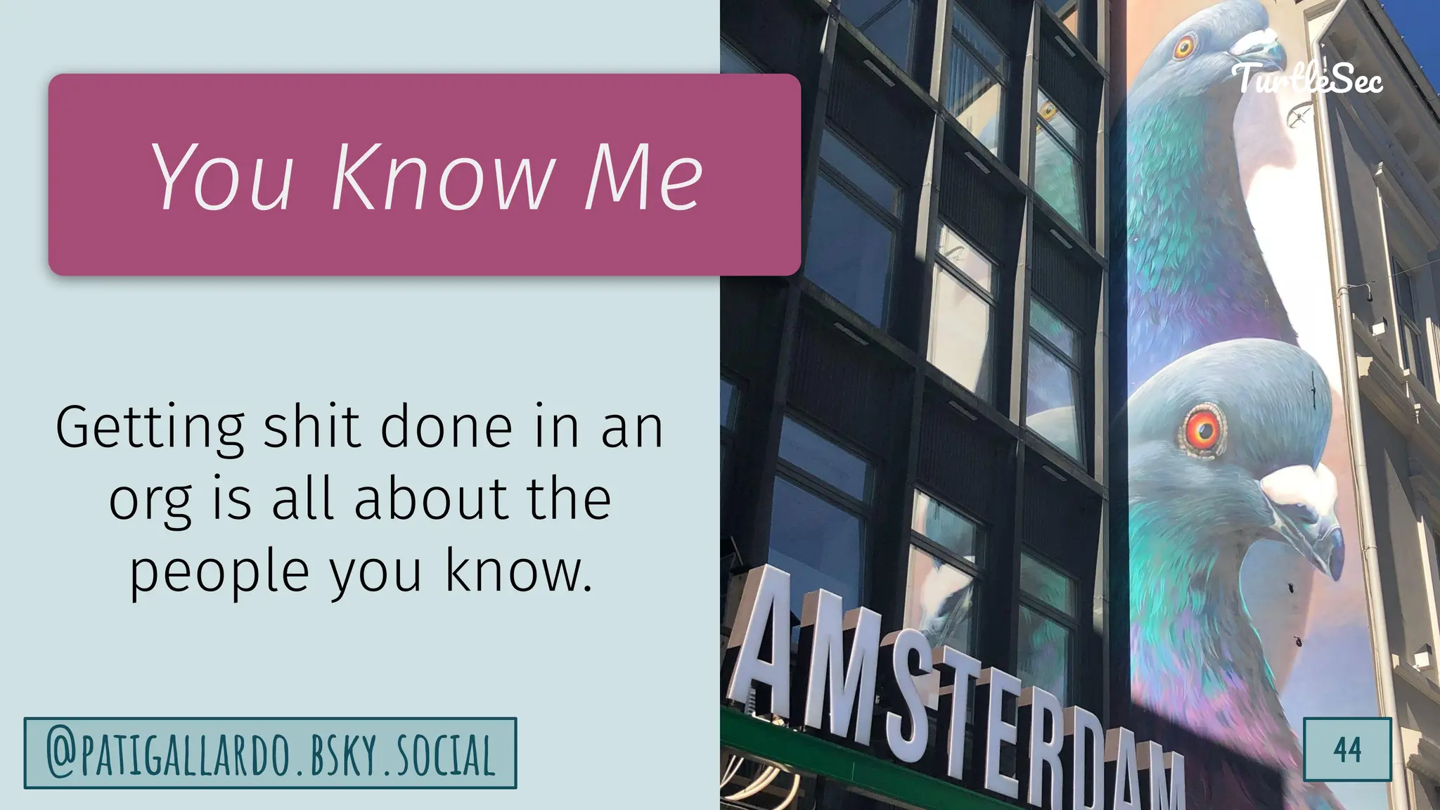 TurtleSec
44
@patigallardo.bsky.social 44
TurtleSec
You Know Me
Getting shit done in an
org is all about the
people you know.
 