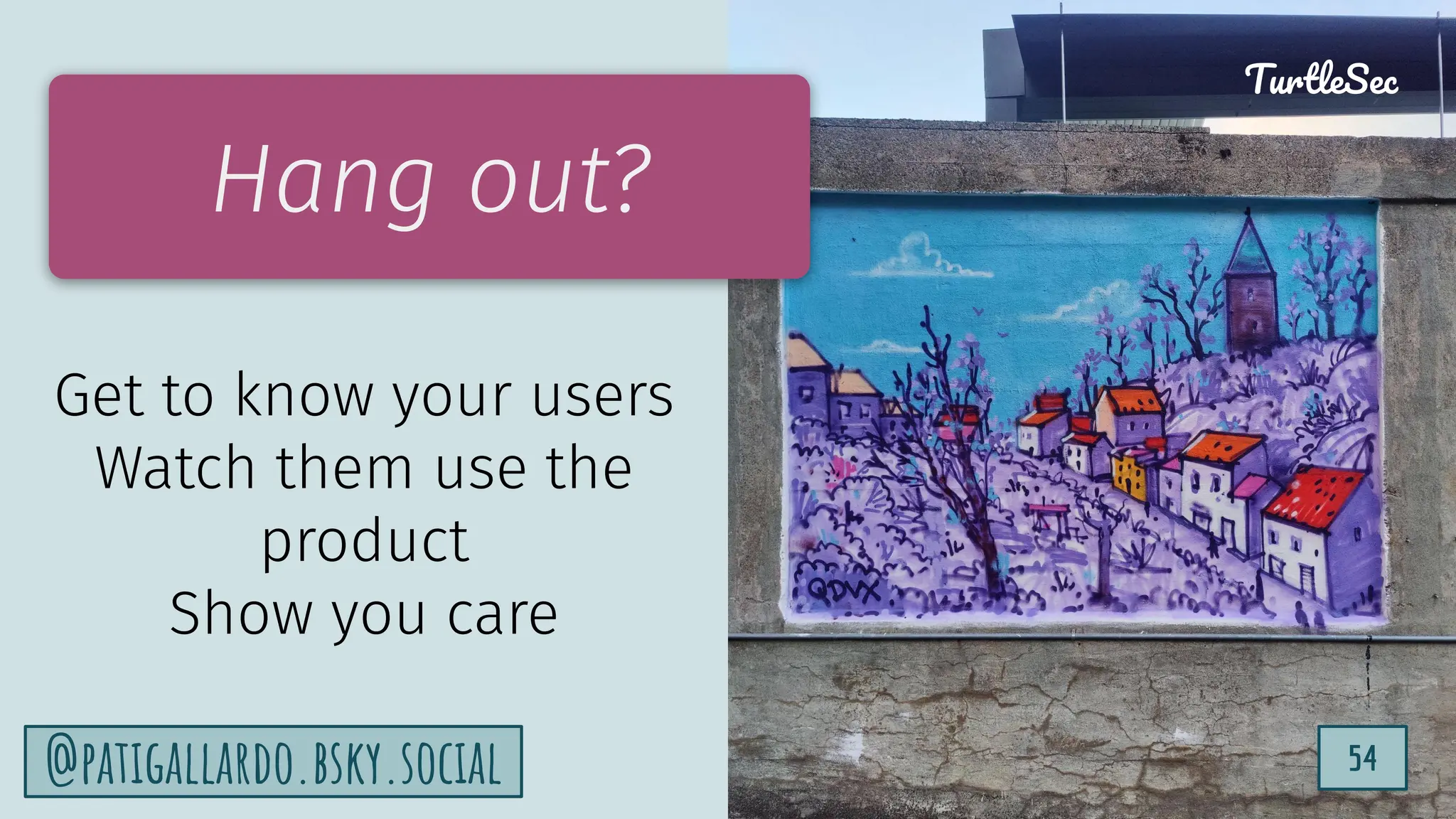 TurtleSec
54
@patigallardo.bsky.social 54
TurtleSec
Hang out?
Get to know your users
Watch them use the
product
Show you care
 