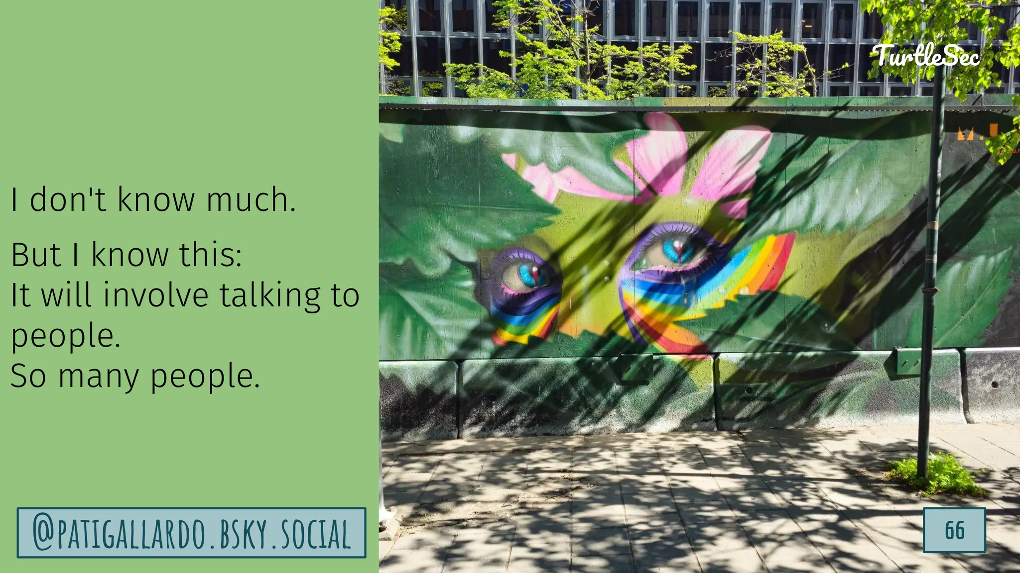 TurtleSec
66
@patigallardo.bsky.social
TurtleSec
I don't know much.
But I know this:
It will involve talking to
people.
So many people.
@patigallardo.bsky.social 66
 