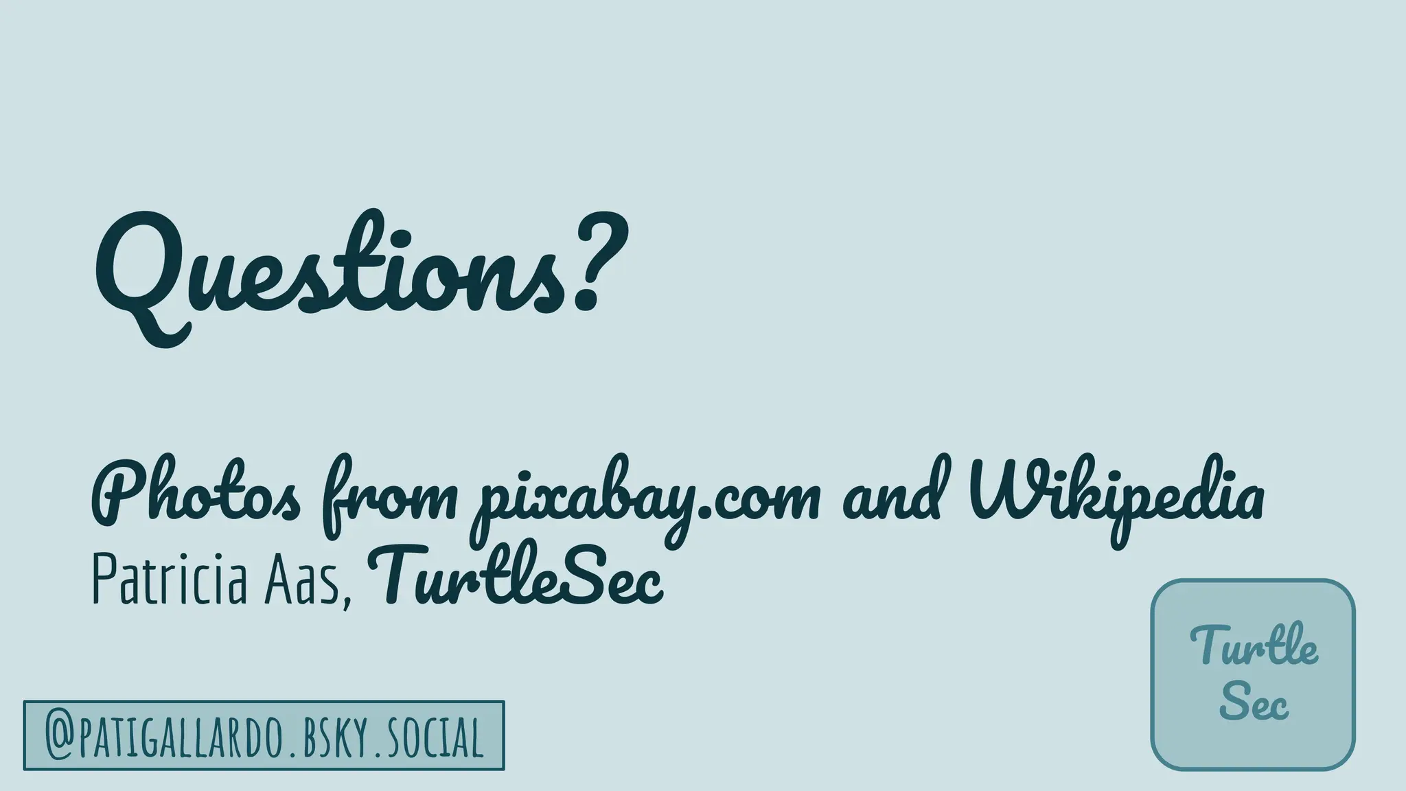 TurtleSec
72
@patigallardo.bsky.social
Questions?
Photos from pixabay.com and Wikipedia
Patricia Aas, TurtleSec
Turtle
Sec
 