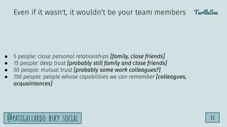 TurtleSec
31
@patigallardo.bsky.social
● 5 people: close personal relationships [family, close friends]
● 15 people: deep trust [probably still family and close friends]
● 50 people: mutual trust [probably some work colleagues?]
● 150 people: people whose capabilities we can remember [colleagues,
acquaintances]
Even if it wasn't, it wouldn't be your team members
 